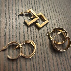 Set of 3 Gold Tone Hoop and Geometric Earrings NWOT